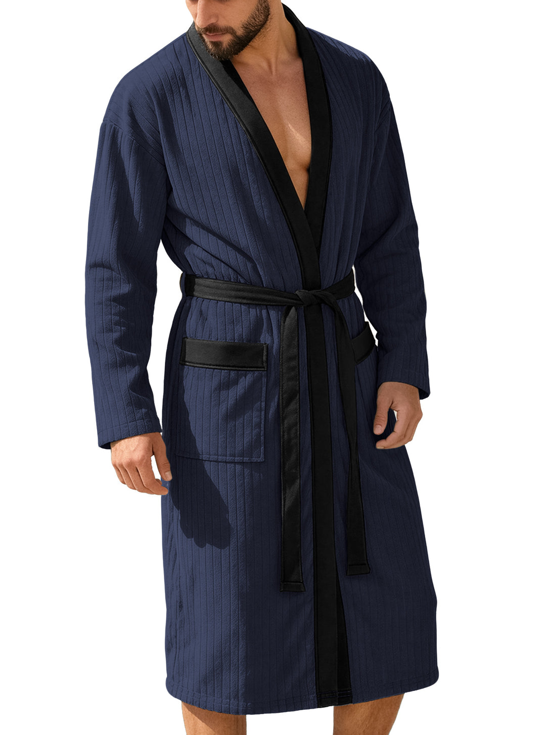 Herren nan wadenlanger Rippen-Bademantel im Kimono-Stil mit Schalkragen und Kontrastpaspel R&B