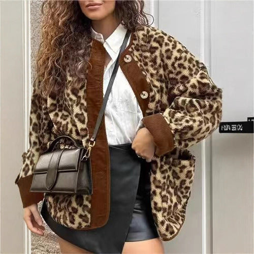 Damen warme Leopardenmuster Jacke R&B