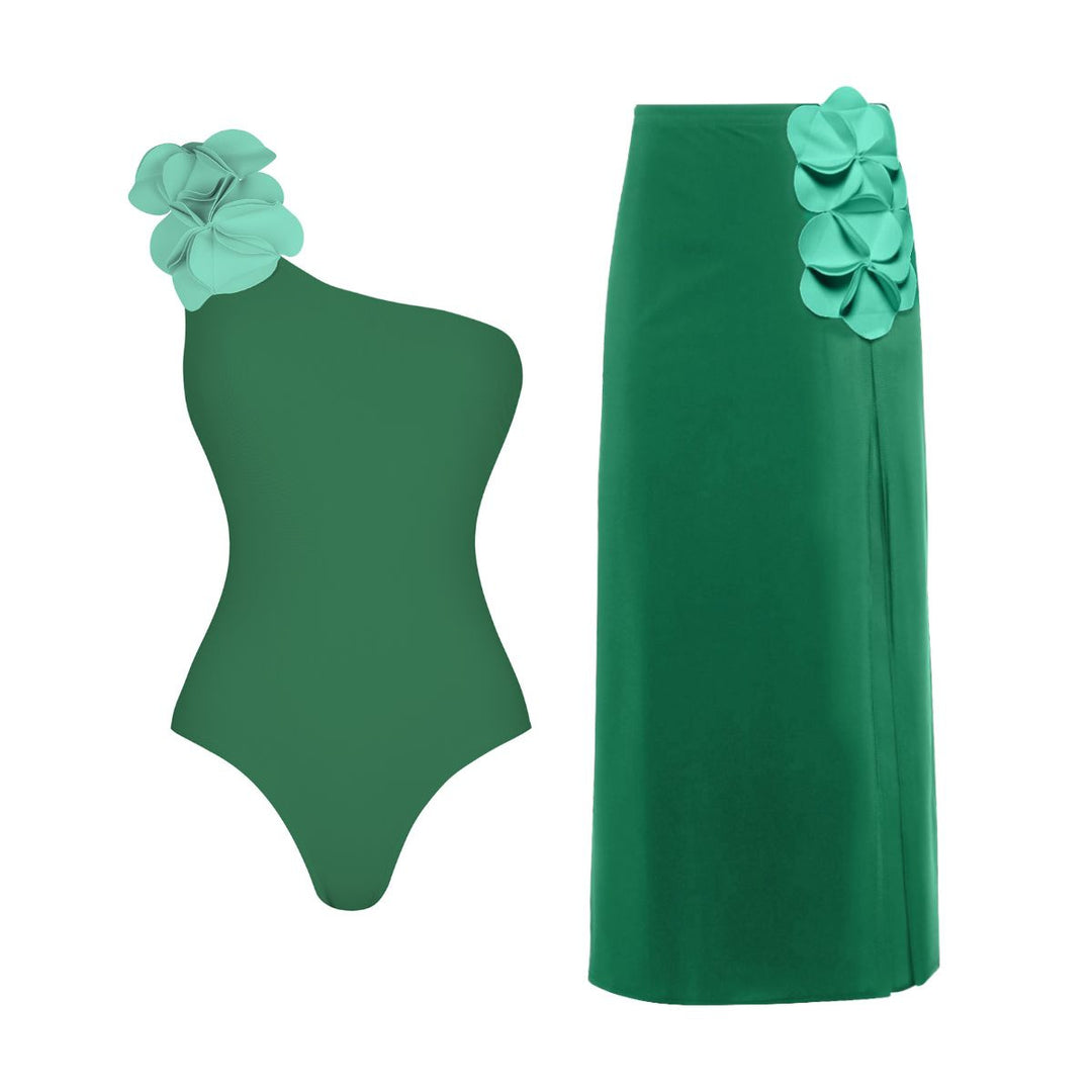 Damen Schwimmanzug mit asymmetrischem Schnitt und floralen Applikationen R&B