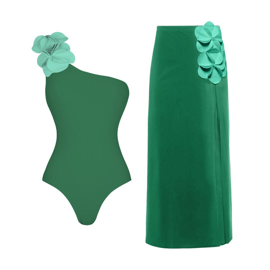 Damen Schwimmanzug mit asymmetrischem Schnitt und floralen Applikationen R&B