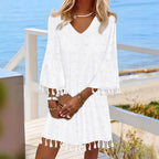 Damen Strandkleid mit elegantem V-Ausschnitt und dekorativen Fransen R&B