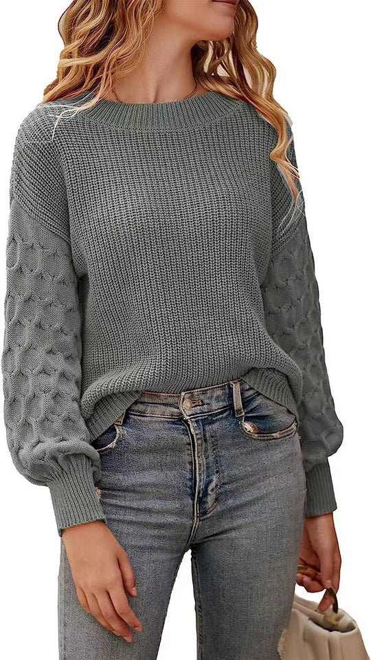 Damen modischer Strickpullover mit strukturierten Ärmeln und Rundhalsausschnitt R&B