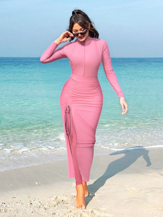 Damen eleganter Sport-Badeanzug mit hochgeschlossenem Kragen und seitlichen Raffung R&B