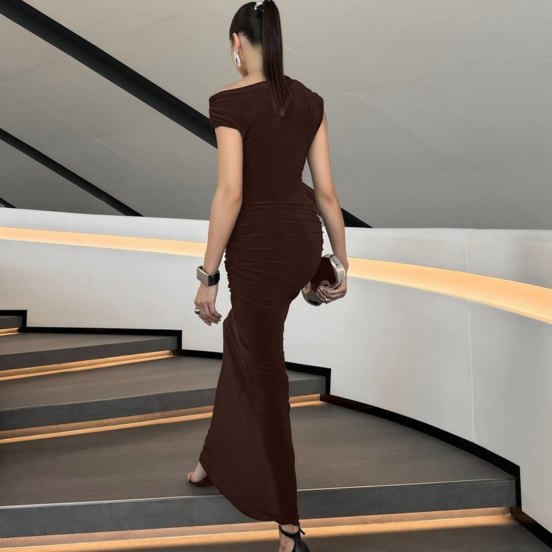 Damen Elegantes Wickel-Maxikleid mit asymmetrischer Schulterpartie R&B