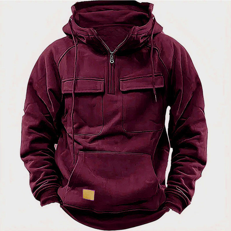 Herren Utility Hoodie mit aufgesetzten Taschen und halbem Reißverschluss