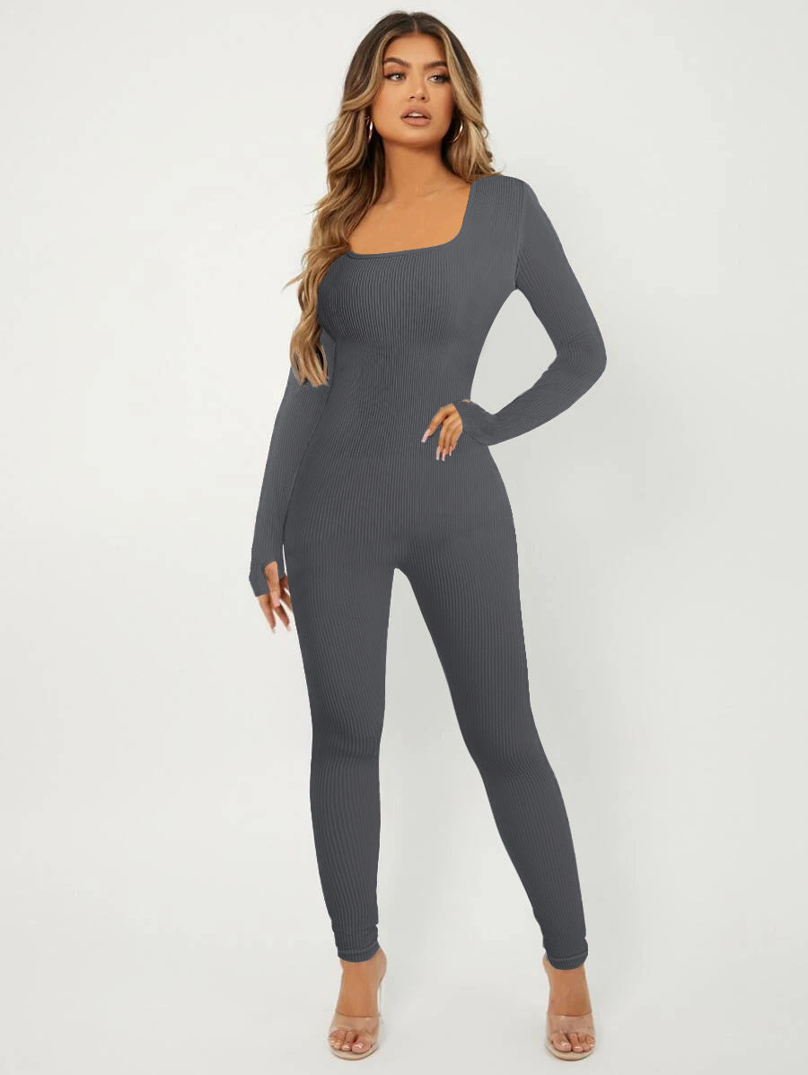 Damen Langarm Jumpsuit im eleganten Rippenmuster R&B