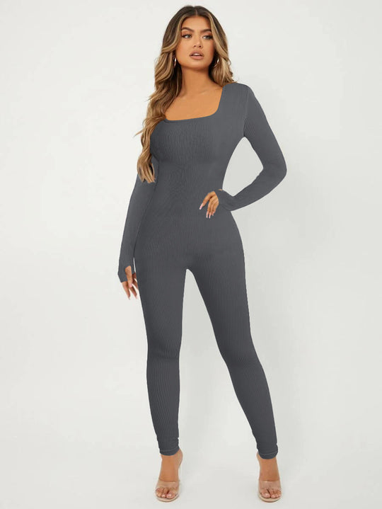 Damen Langarm Jumpsuit im eleganten Rippenmuster R&B