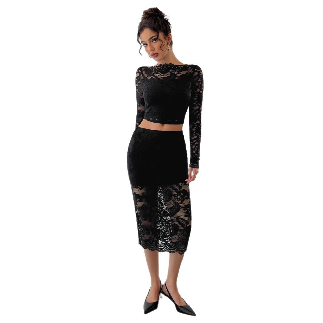 Damen nan zweiteiliges Spitzenensemble mit bauchfreiem Langarmoberteil und tailliertem Midirock R&B