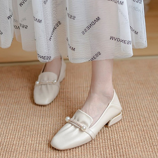 Damen Elegante Ballerinas mit modischem Perlenschmuck und komfortablem Blockabsatz R&B