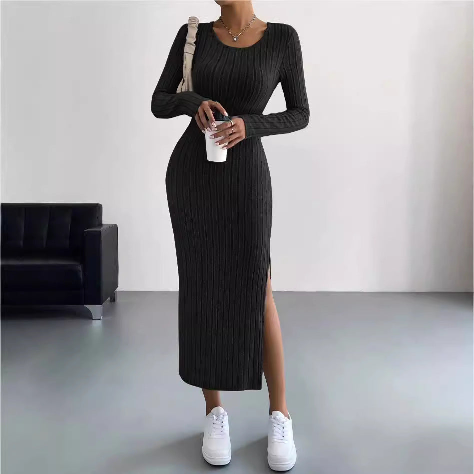 Damen Maxikleid mit seitlichem Schlitz und strukturiertem Rippdesign R&B