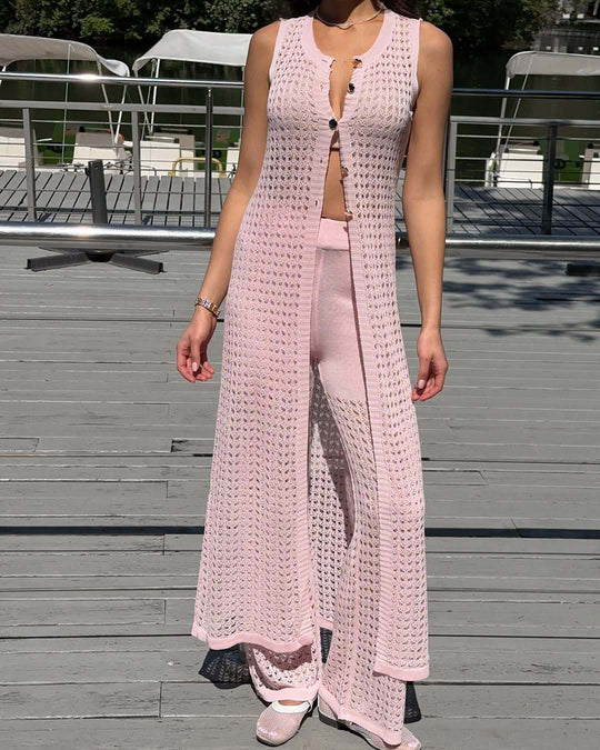 Damen Länge Strickjacke mit Perforiertem Design und Knopfverschluss R&B