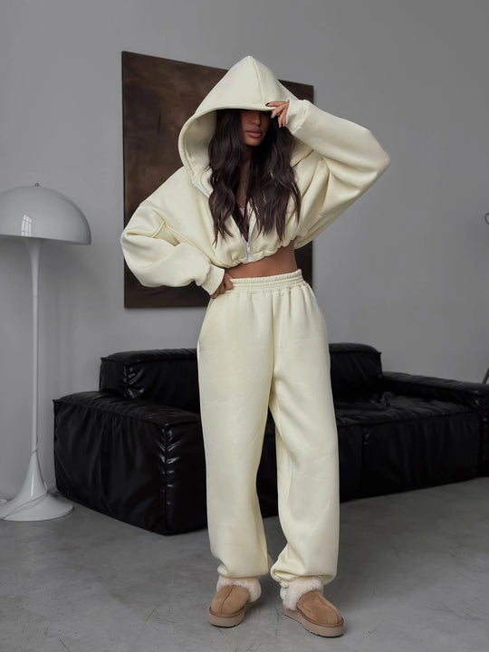 Damen lässiges Cropped-Hoodie und Jogginghose Set R&B