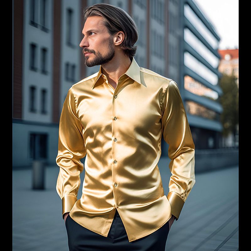 Herren Langarmhemd aus schimmerndem Satin mit eleganter Knopfleiste R&B