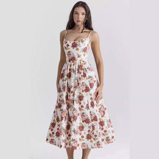 Damen Midi-Kleid mit elegantem Blumenmuster und zartem Taillenzug R&B