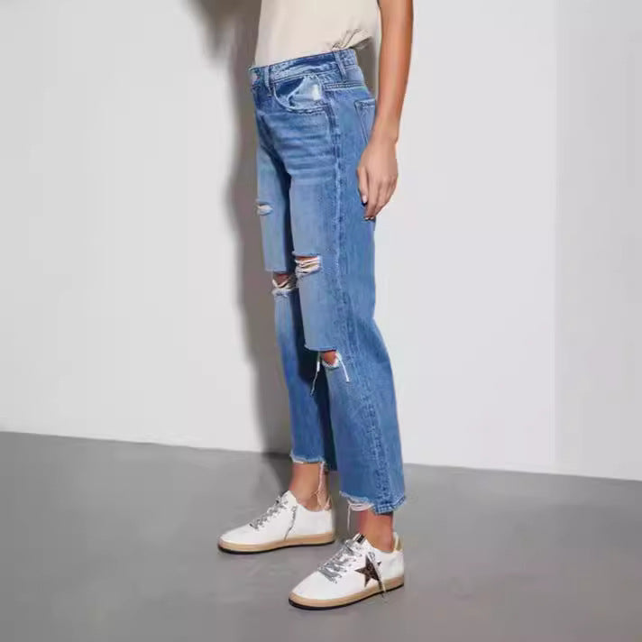 Damen Trendige Fransenjeans mit Destroyed-Details R&B