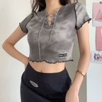 Damen cropped Oberteil mit modischem Schnürdesign und lässigem Saum R&B
