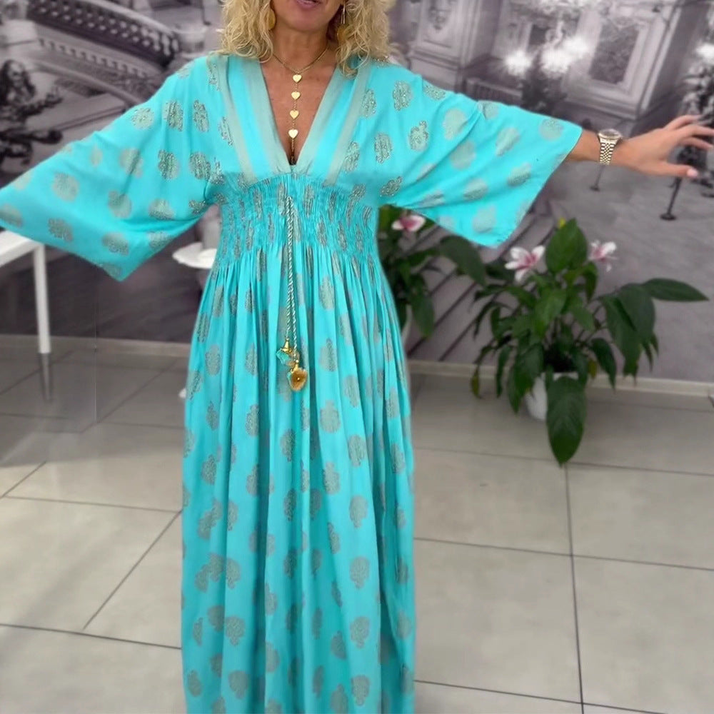 Damen nan gerafftes Maxikleid mit Smok-Taille, Kimonosärmeln und Zierquaste R&B