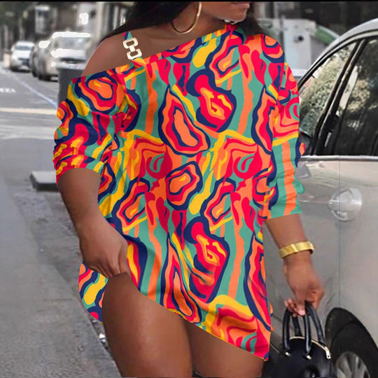 Damen asymmetrisches Kleid mit modischem Grafikdesign und einem Schulter-Detail R&B