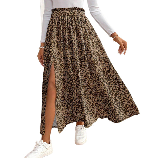 Damen Maxirock mit hohem Schlitz und Leopardendruck R&B