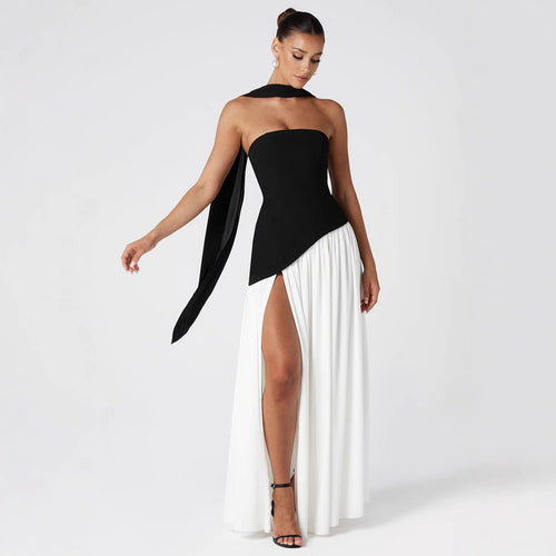 Damen Maxikleid mit schulterfreiem Design und dekorativem Wickelausschnitt R&B