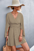 Damen lässiges Wickelkleid mit voluminösen Ärmeln und Knopfdetails R&B