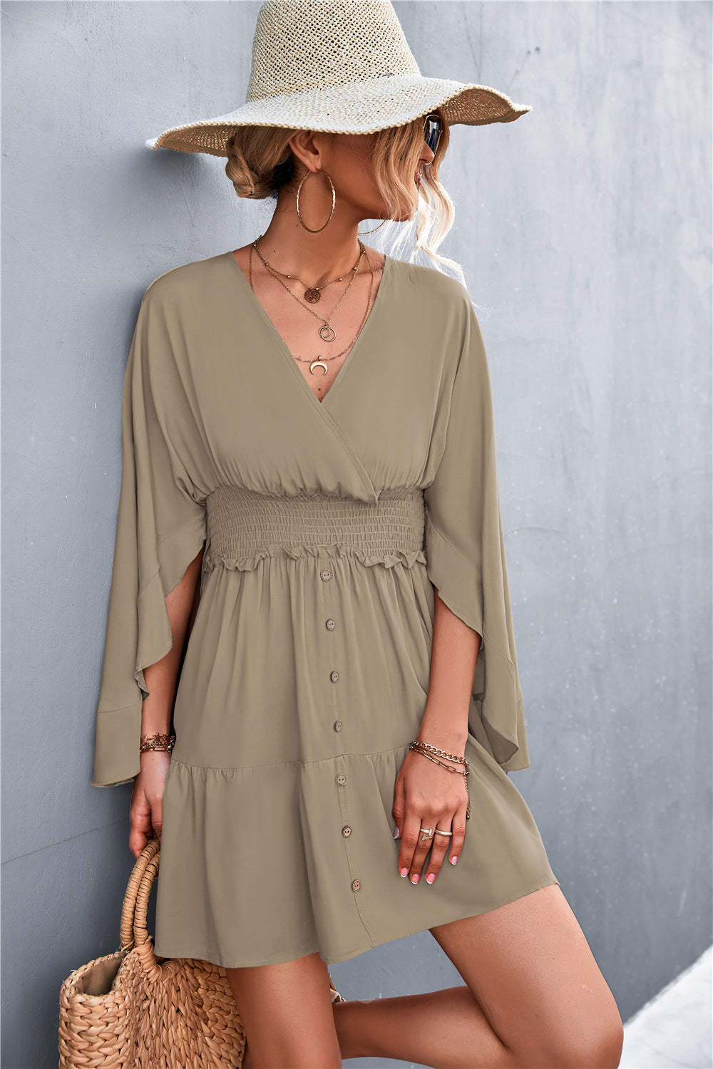 Damen lässiges Wickelkleid mit voluminösen Ärmeln und Knopfdetails R&B