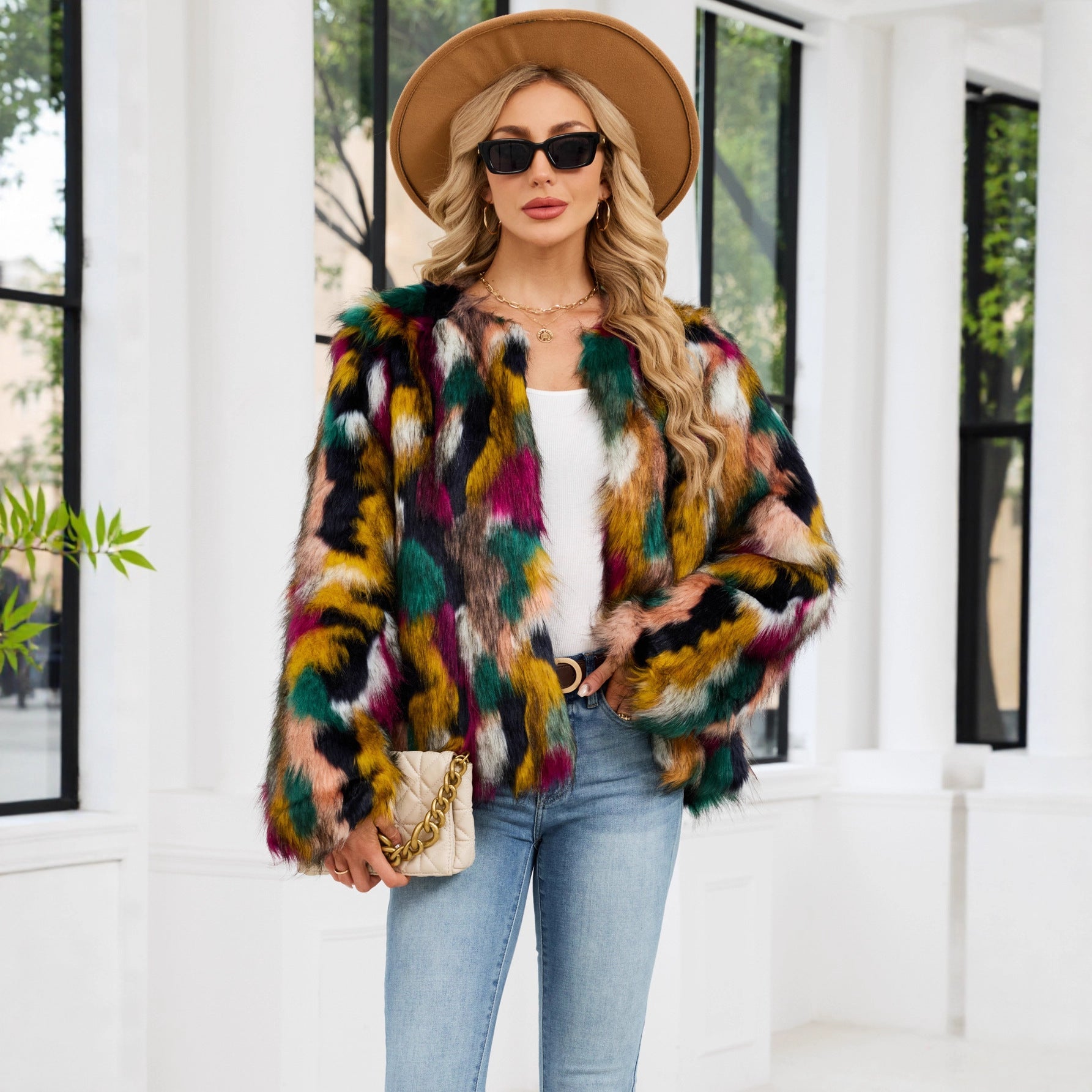 Damen Modische Kunstpelzjacke mit auffälligem Muster R&B