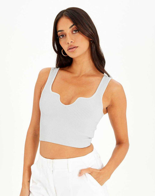 Damen Crop-Top mit Wellen-Ausschnitt und feiner Rippstruktur R&B