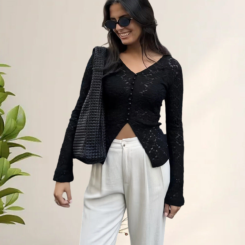 Damen Elegantes Longsleeve-Oberteil mit Lochmuster und Knopfleiste R&B