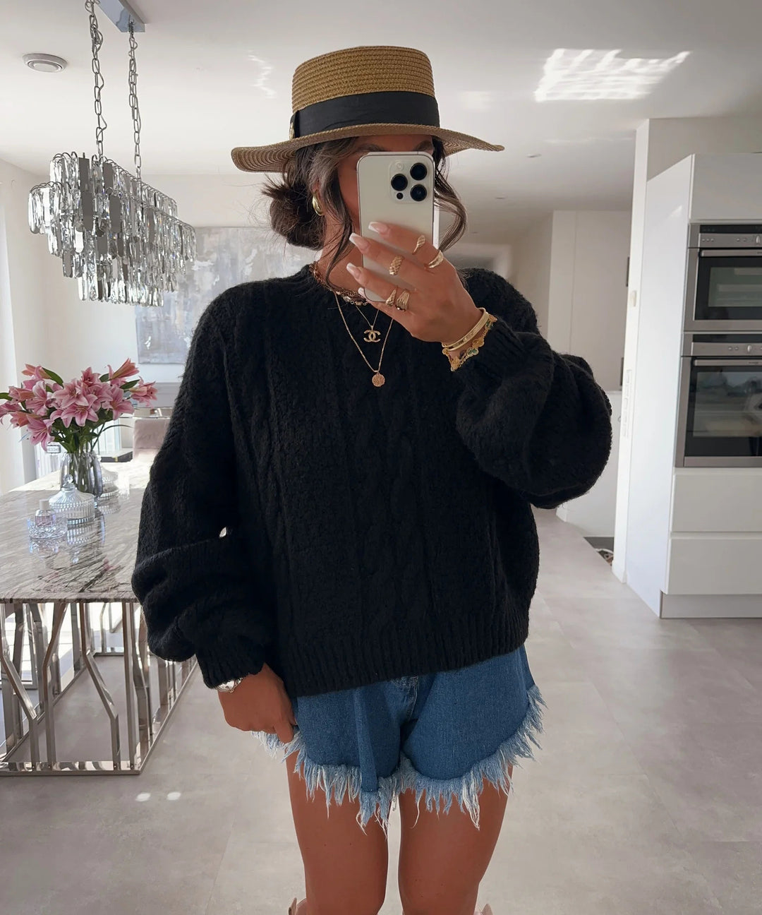 Damen Grobstrickpullover mit voluminösen Ärmeln und romantischem Zopfdesign R&B
