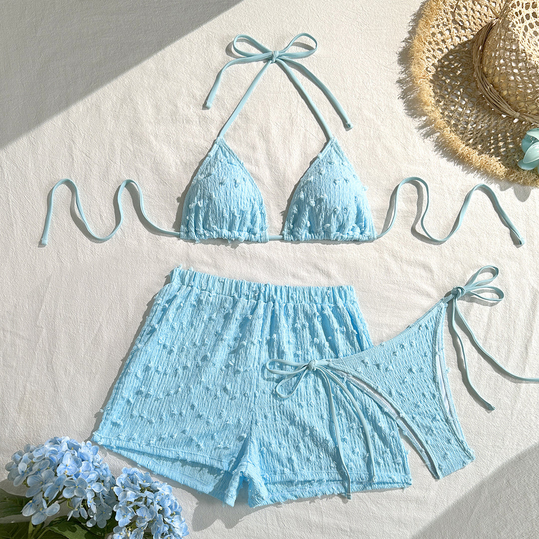 Damen Triangel-Bikini-Set mit eleganten Rüschendetails und passenden Shorts R&B