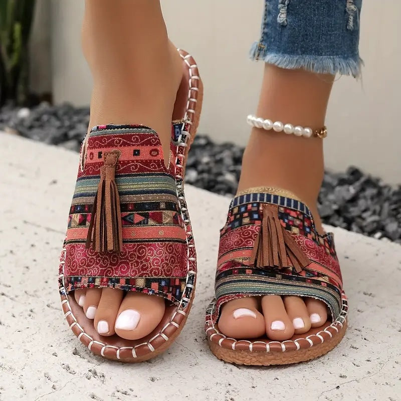Damen Bequeme Zehensteg-Pantoletten mit buntem Muster und eleganter Quaste R&B