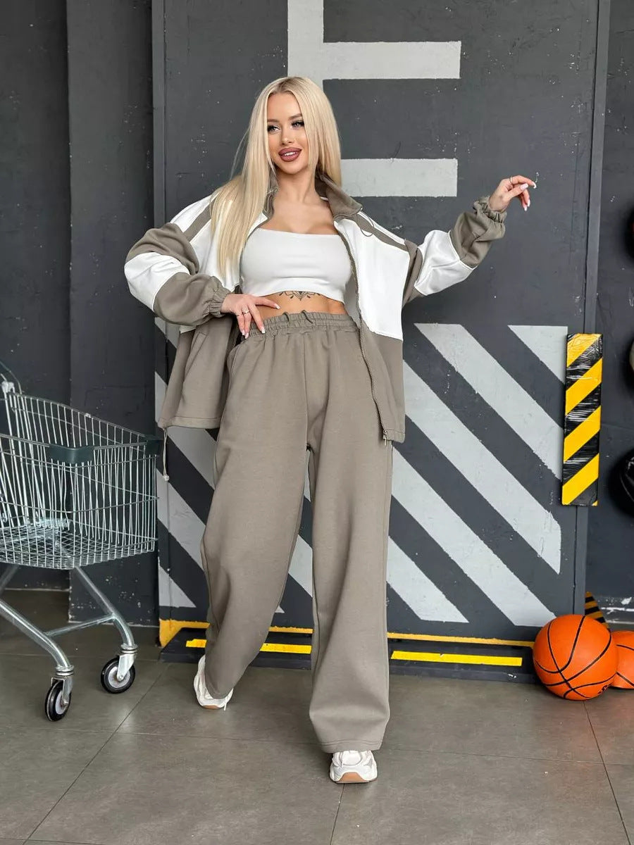 Damen sportliches Set aus hochfunktionalem Fleece-Material mit Reißverschluss R&B