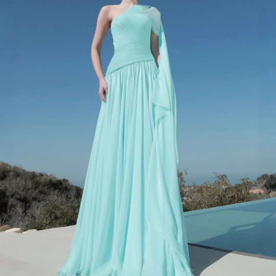 Damen Maxi-Kleid mit asymmetrischem Ausschnitt und fließendem Stoff R&B
