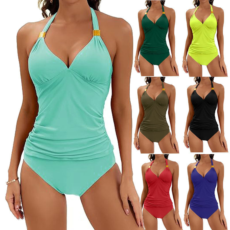 Damen Tankini mit Gerafftem Oberteil und Hohem Bund R&B