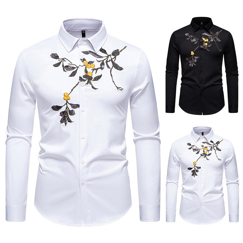 Herren elegantes Langarmhemd mit floraler Stickerei