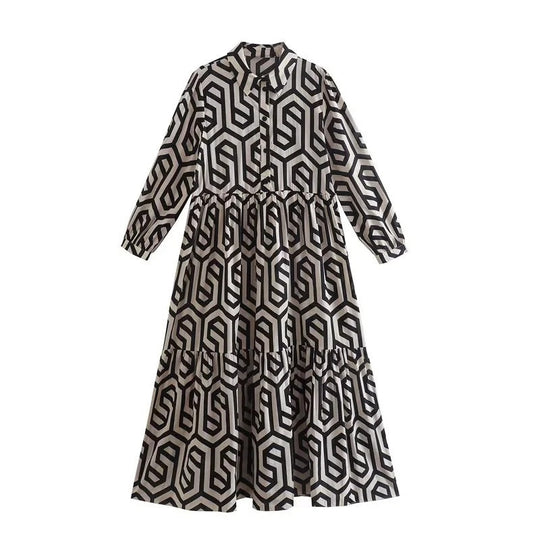Damen nan langes Hemdkragen-Stufenkleid mit geometrischem Alloverprint und geraffter Taillenpasse R&B
