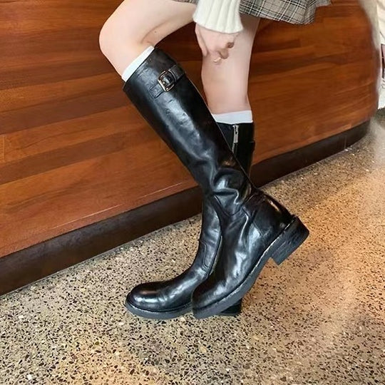Damen Überknie-Stiefel aus hochwertigem Leder mit robustem Reißverschluss und modischen Schnallen R&B