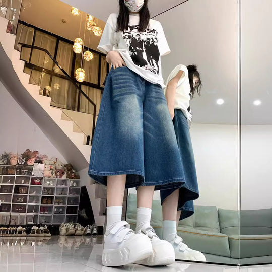 Damen Weite Denim-Culotte mit hohem Bund und elastischem Taillenbund R&B