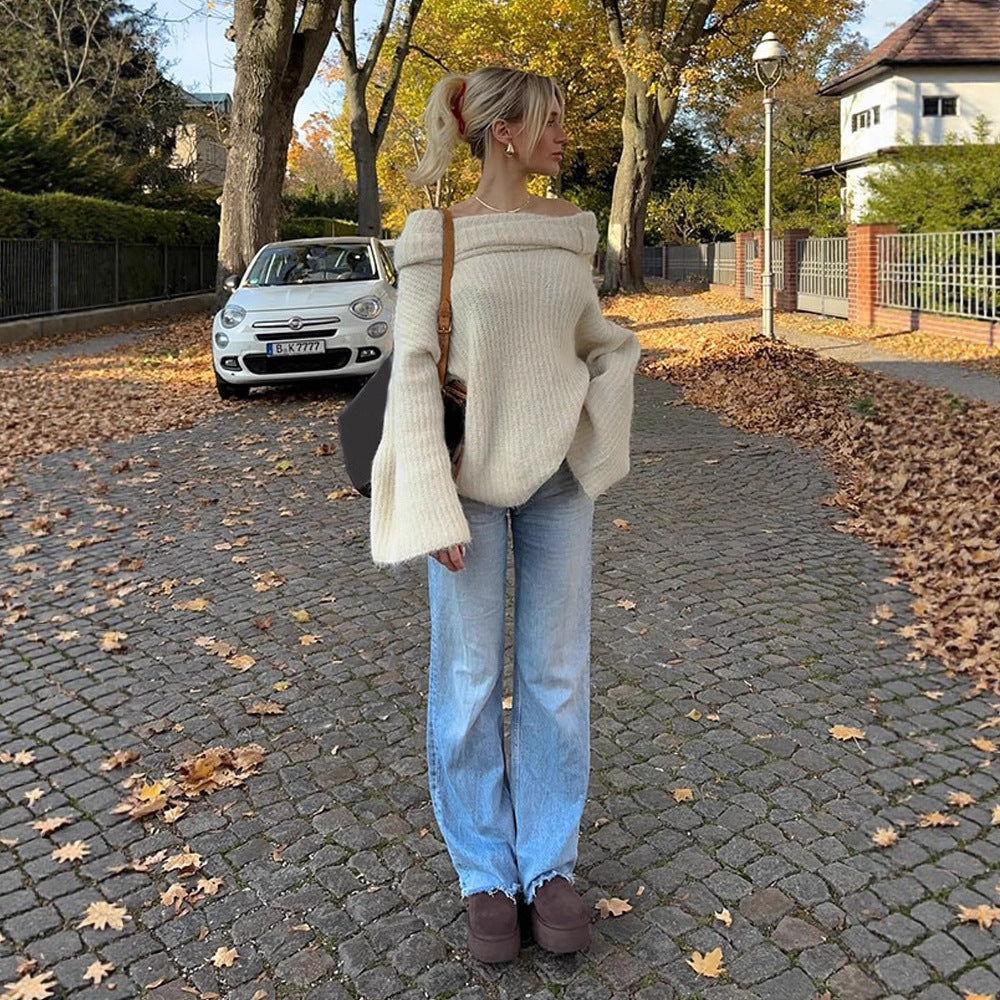 Damen Oversized Strickpullover mit weitem Schnitt und tiefem V-Ausschnitt R&B