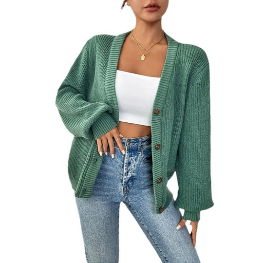 Damen Grobstrickjacke mit knöpfen und weitem Schnitt R&B