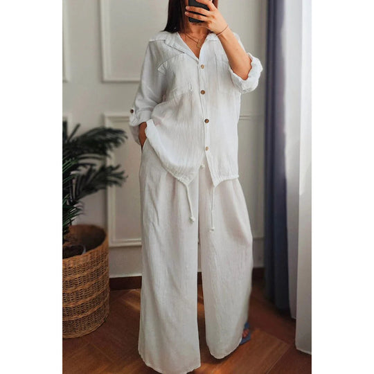 Damen Leinen-Set mit weiten Hosen undlässiger Bluse R&B