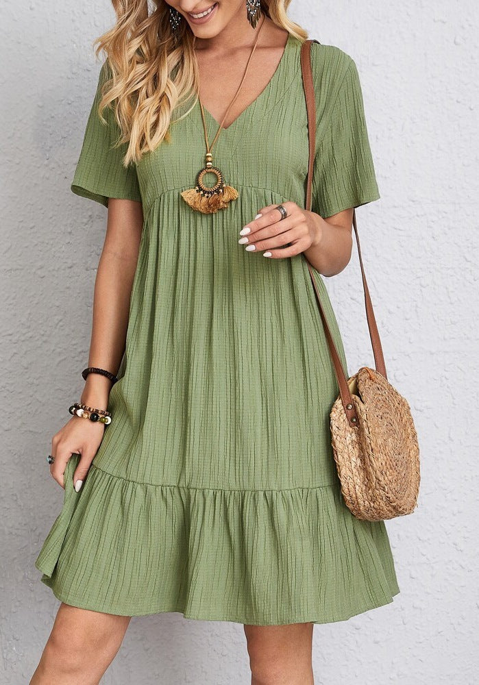 Damen nan Crinkle-Sommerkleid mit V-Ausschnitt, Empirenaht und Volant-Saum R&B