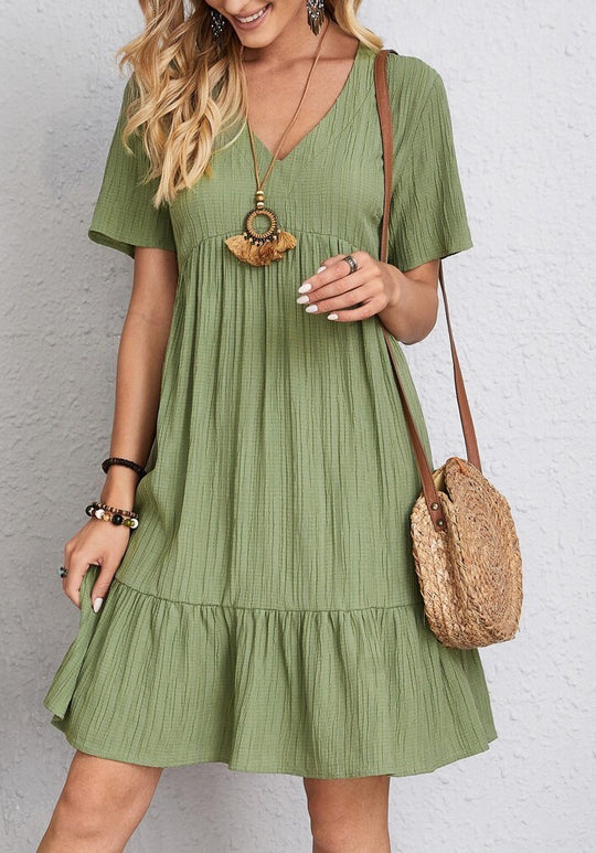 Damen nan Crinkle-Sommerkleid mit V-Ausschnitt, Empirenaht und Volant-Saum R&B