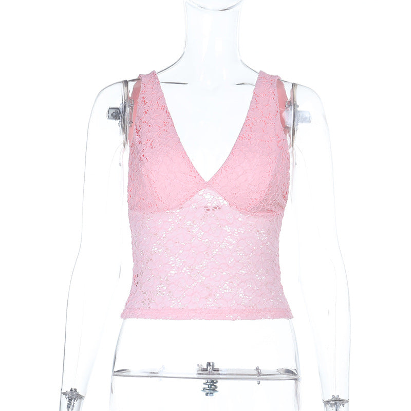 Damen Spitzen-Crop-Top mit tiefem V-Ausschnitt und Rüschendesign R&B