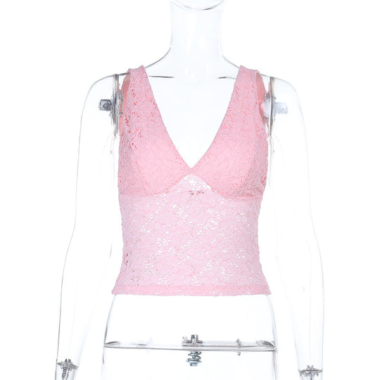 Damen Spitzen-Crop-Top mit tiefem V-Ausschnitt und Rüschendesign R&B