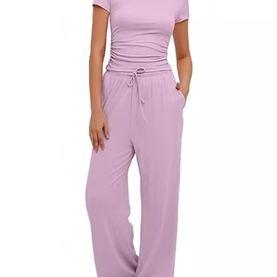 Damen lässiger Zweiteiler mit cropped Oberteil und weitem Beinkleid R&B
