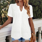 Damen Bluse mit floralen Lochstickereien und V-Ausschnitt R&B