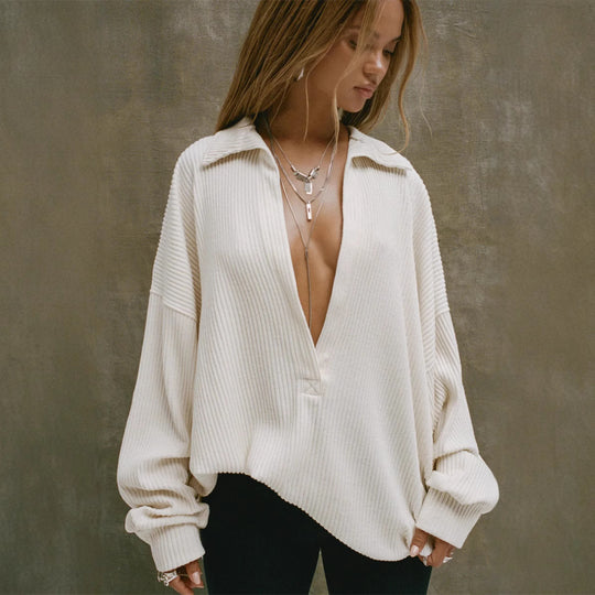 Damen lässiger Strickpullover mit hochgeschlossenem Kragen und weit geschnittenen Ärmeln R&B