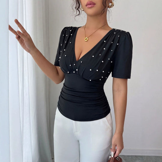 Damen elegante Bluse mit Perlen-Detail R&B